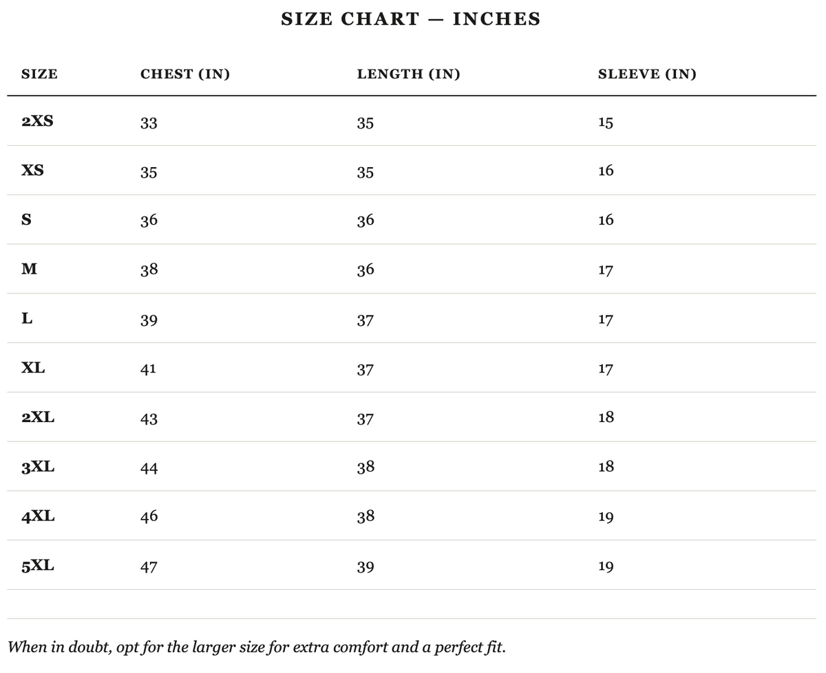 Size guide in inches