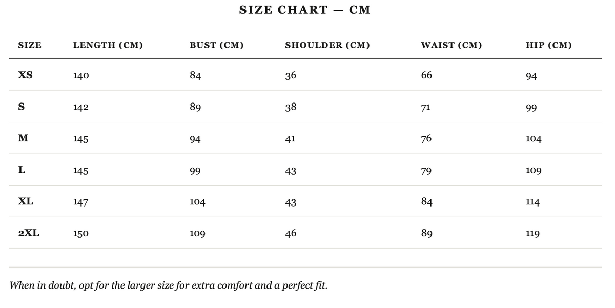 Size guide in cm