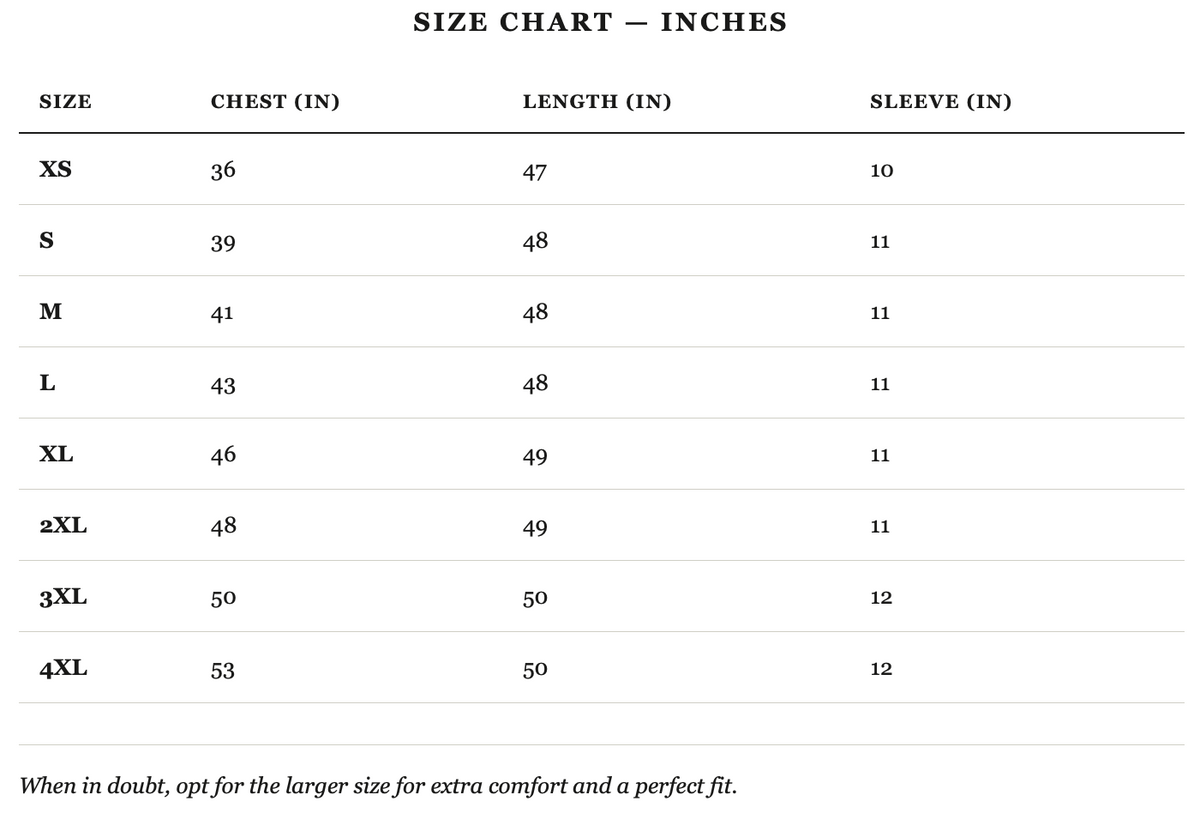 Size guide in inches
