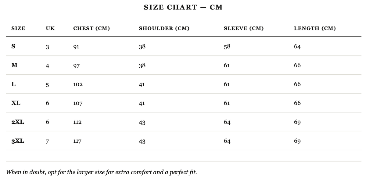 Size guide in cm