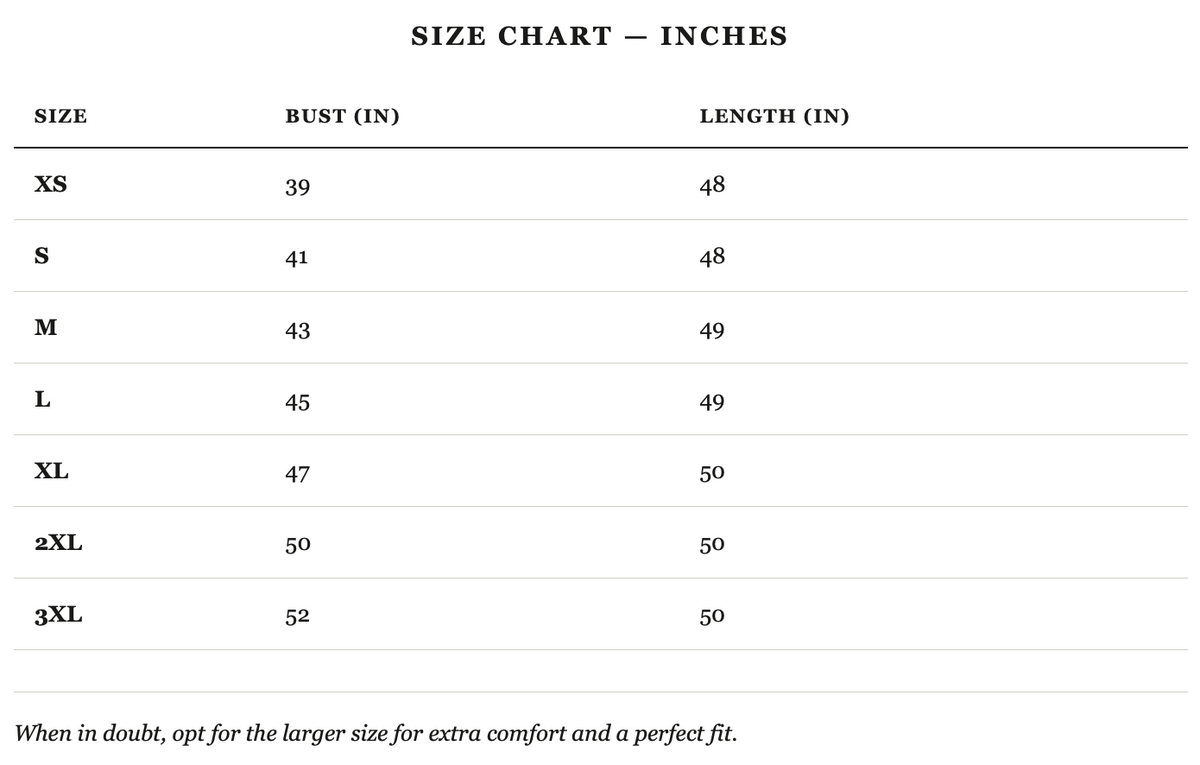 Size guide in inches