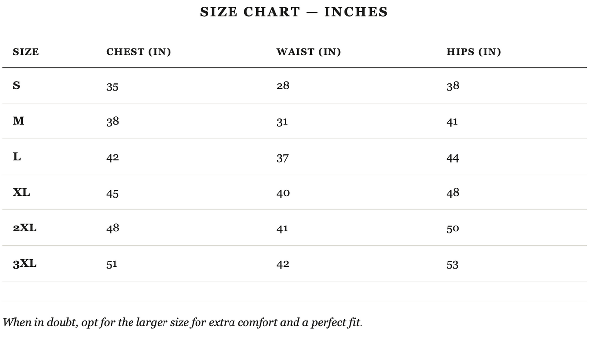 Size guide in inches