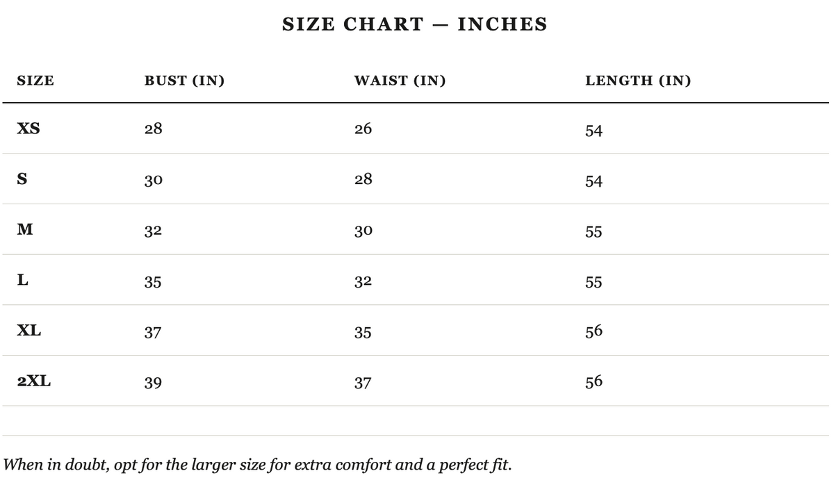 Size guide in inches
