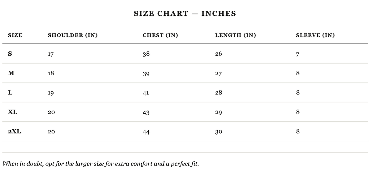 Size guide in inches