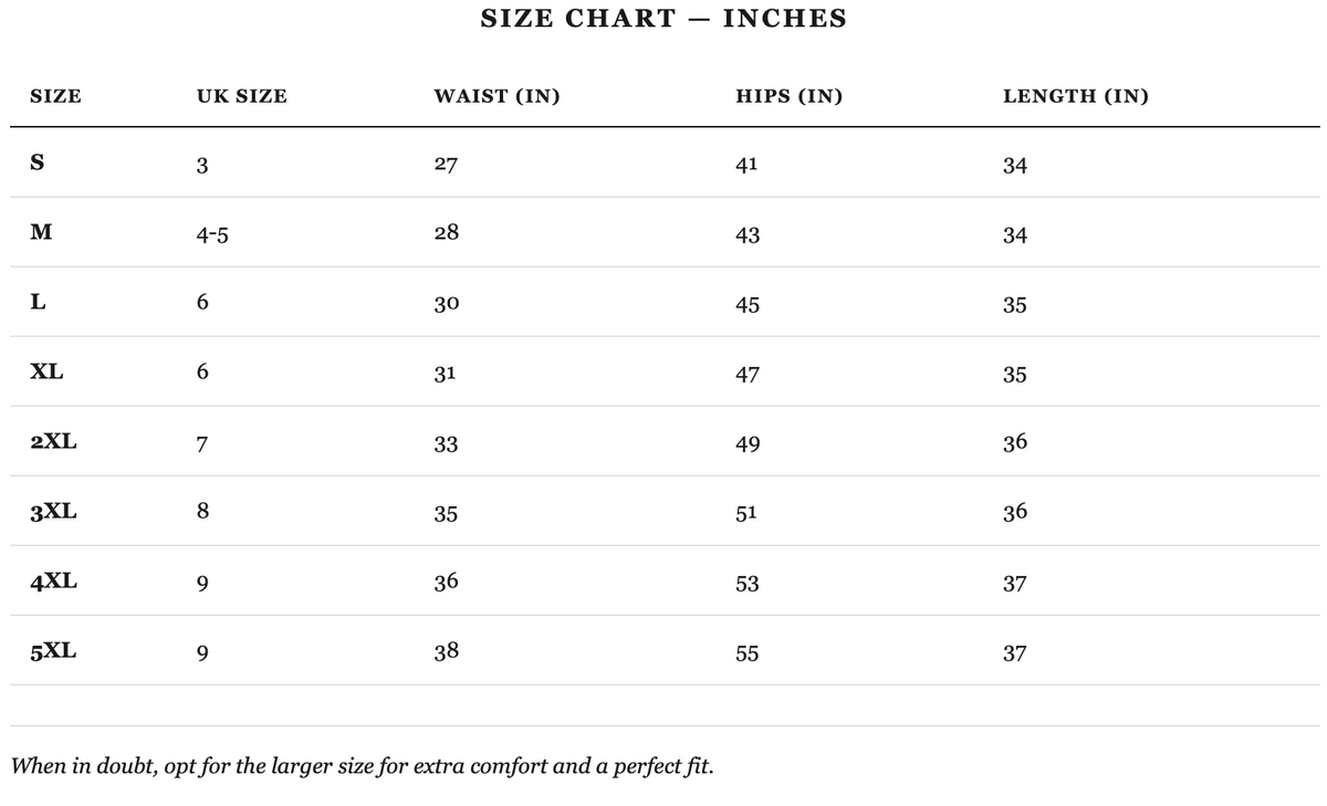 Size guide in inches