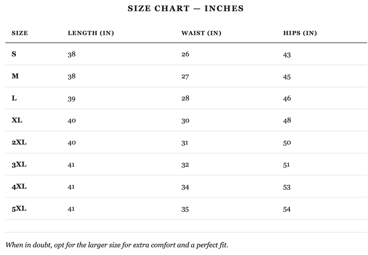 Size guide in inches