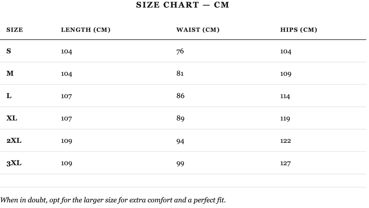 Size guide in cm