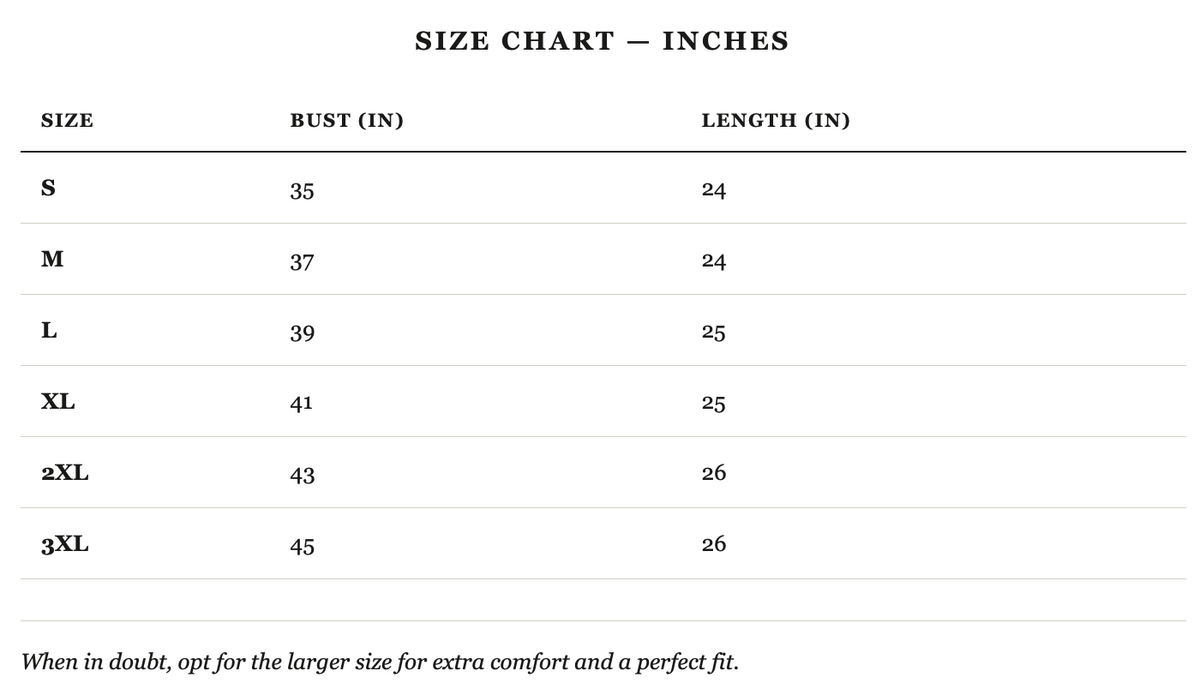 Size guide in inches