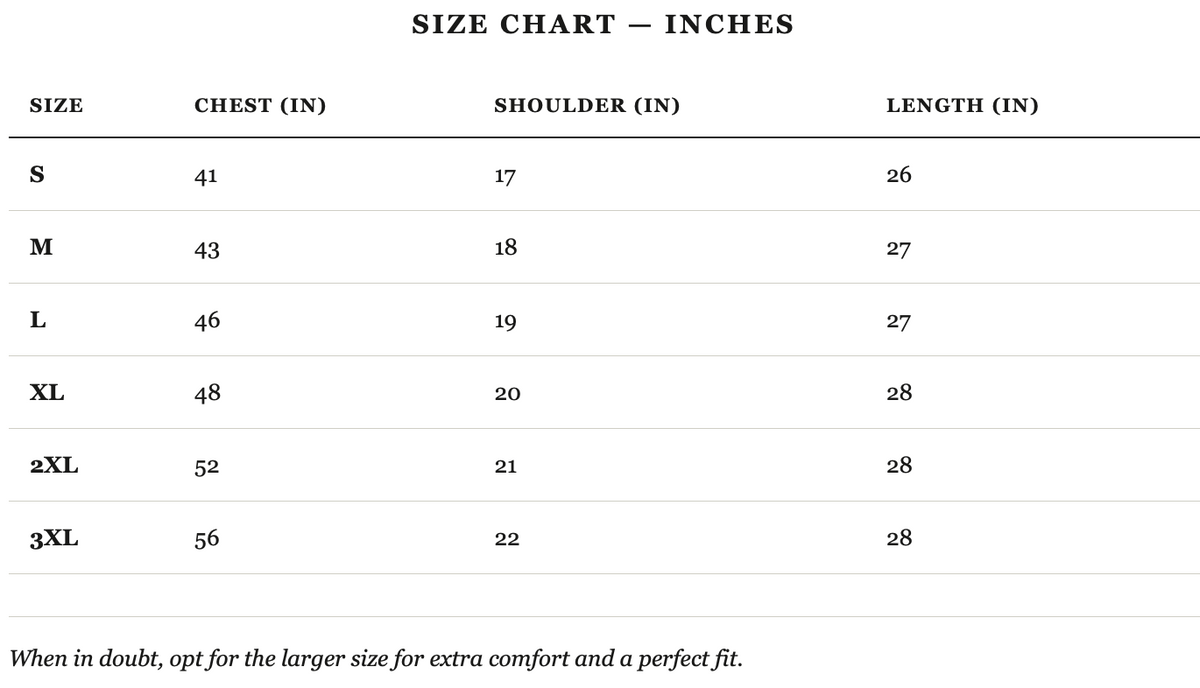 Size guide in inches