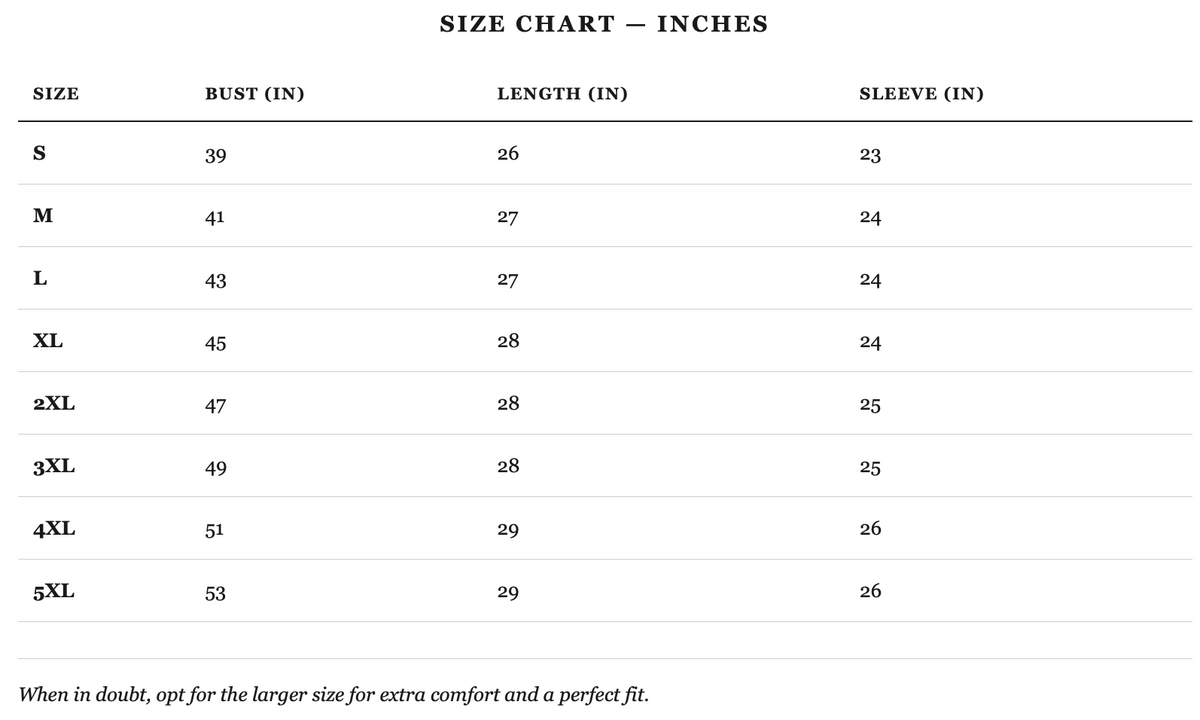 Size guide in inches