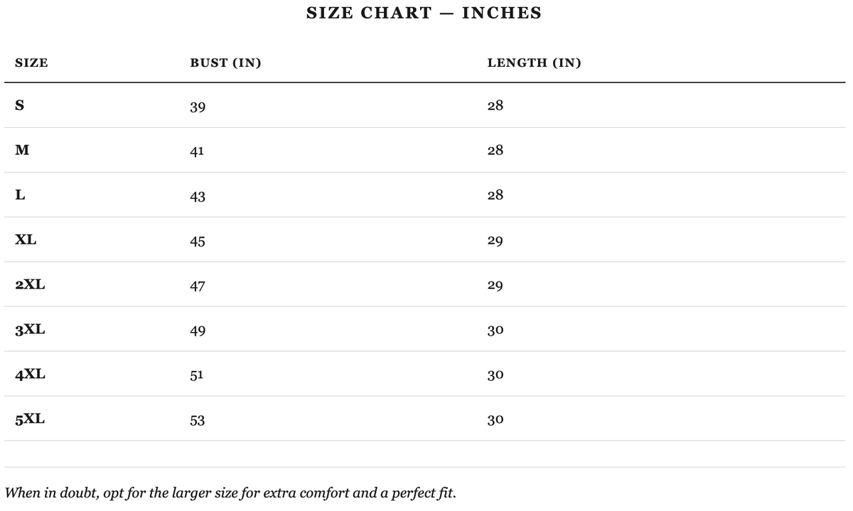 Size guide in inches