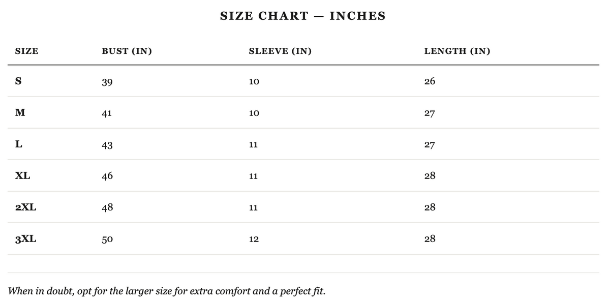 Size guide in inches