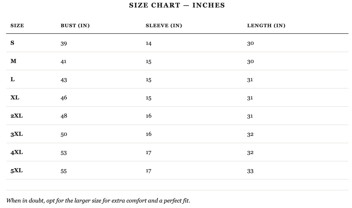 Size guide in inches