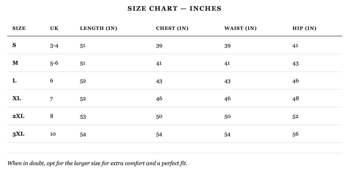 Size guide in inches