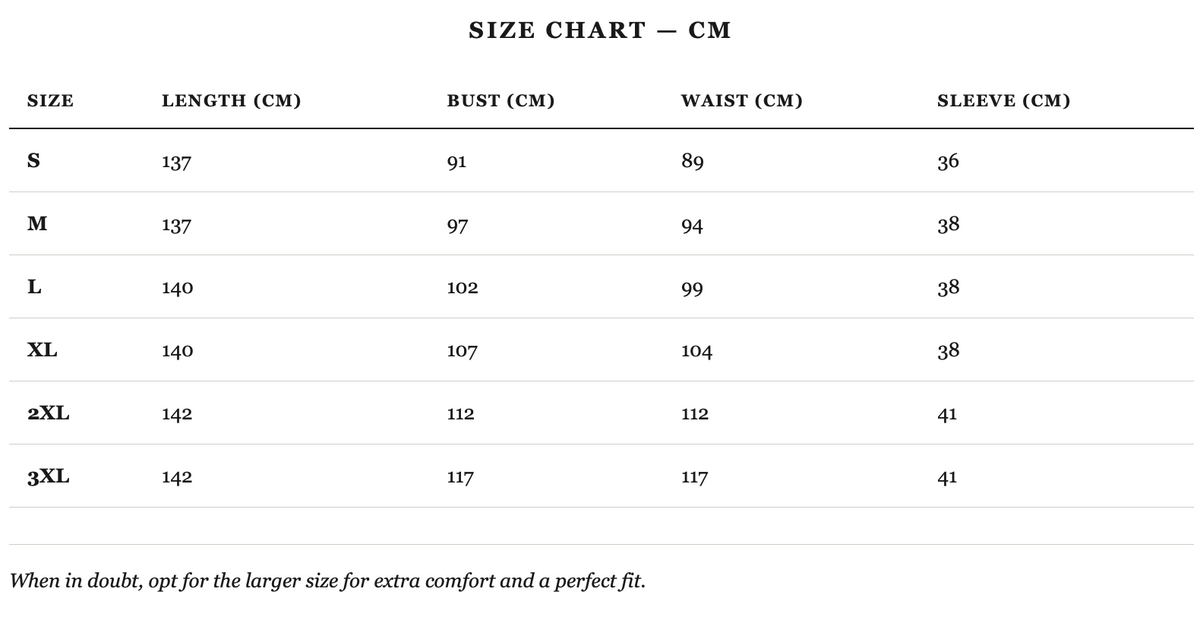 Size guide in cm