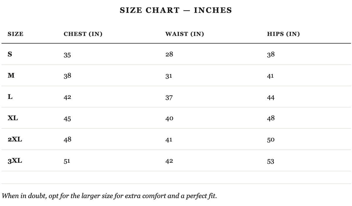 Size guide in inches
