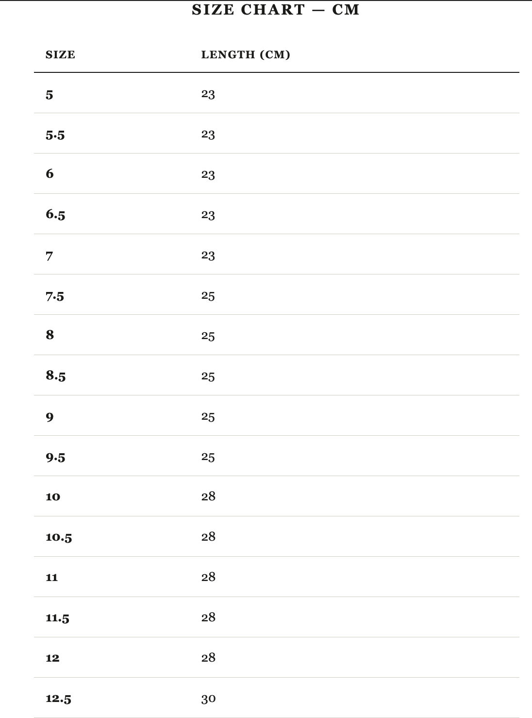 Size guide in cm