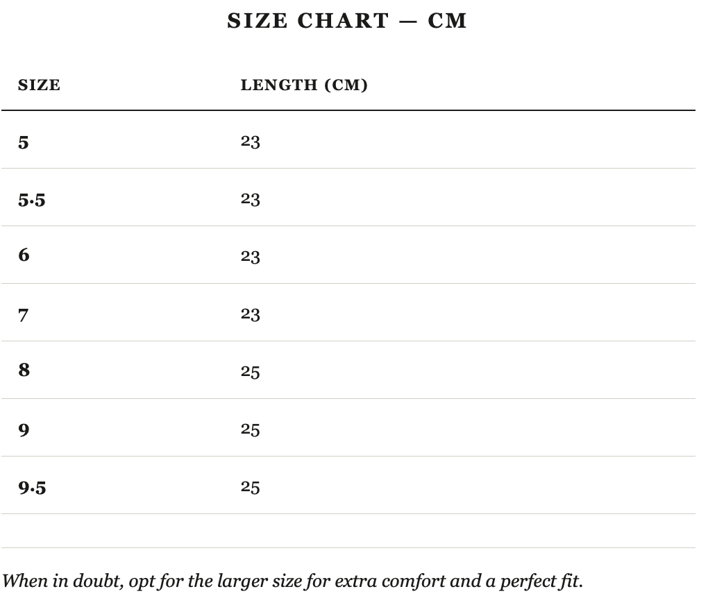 Size guide in cm