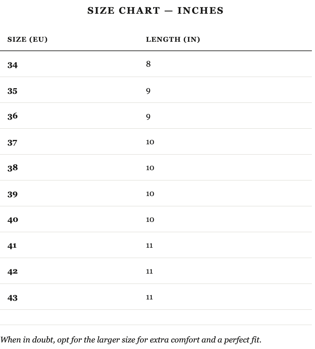 Size guide in inches