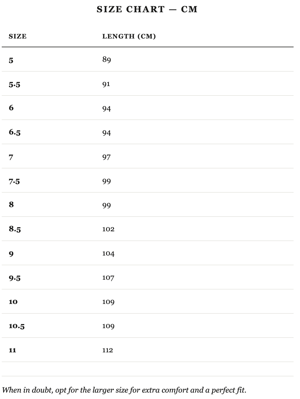 Size guide in cm