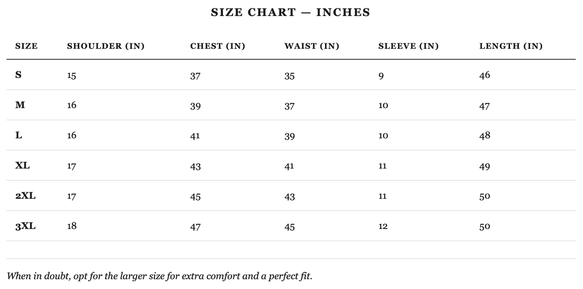 Size guide in inches
