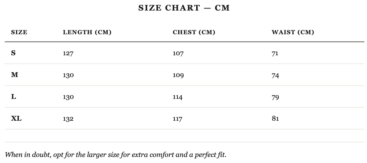 Size guide in cm