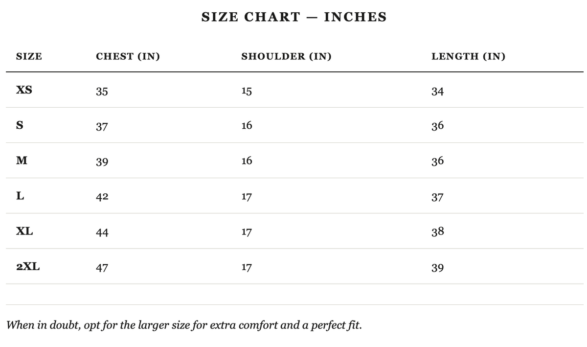 Size guide in inches