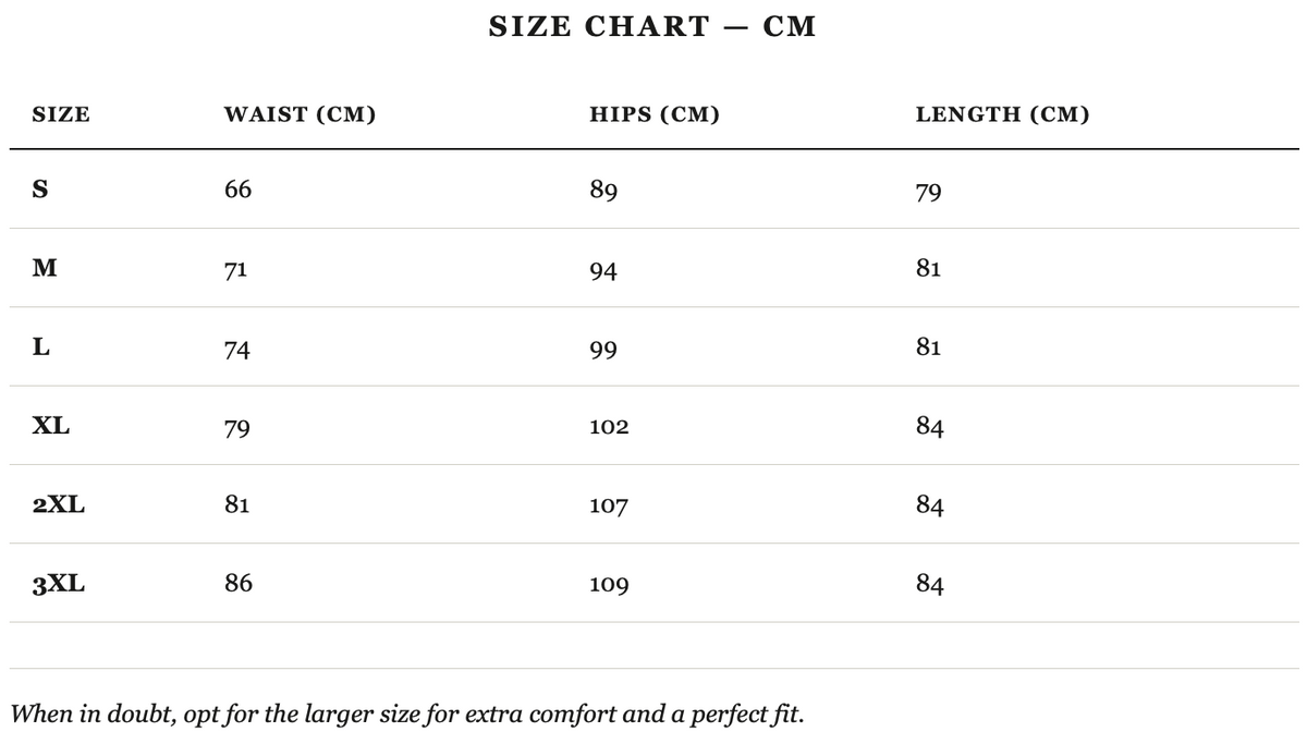 Size guide in cm