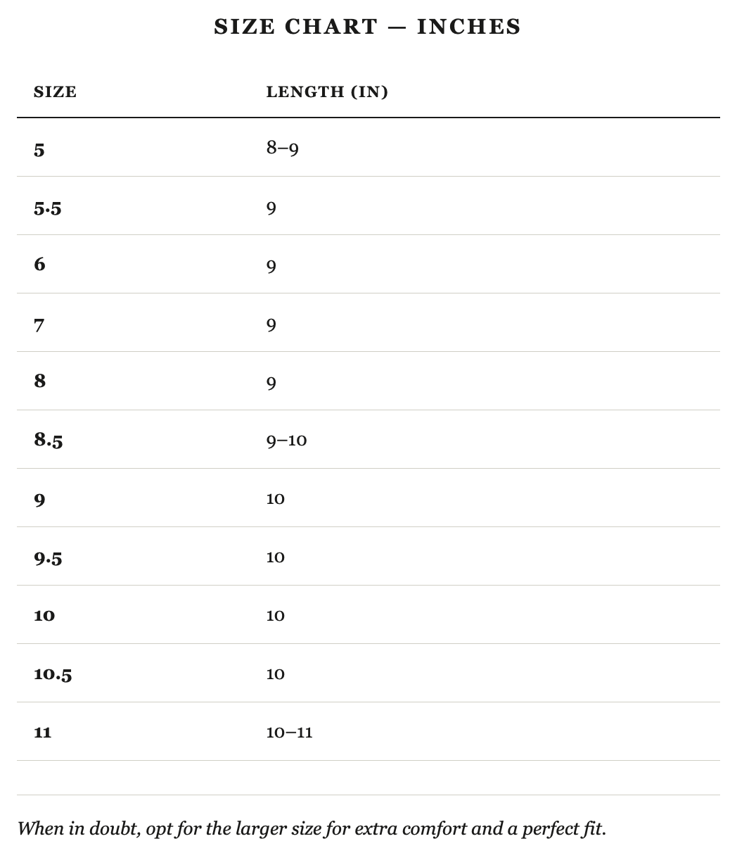 Size guide in inches