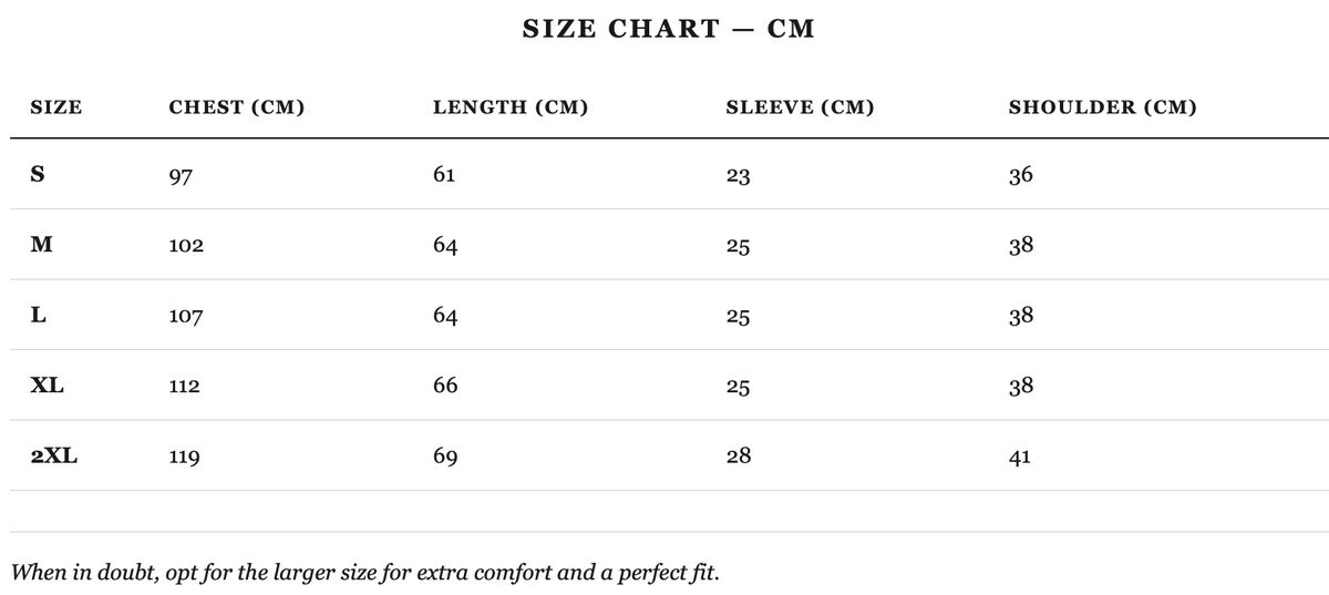 Size guide in cm