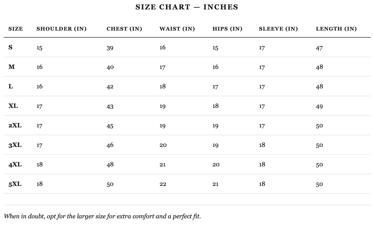 Size guide in inches