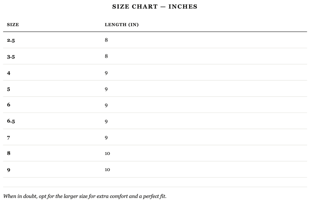 Size guide in inches