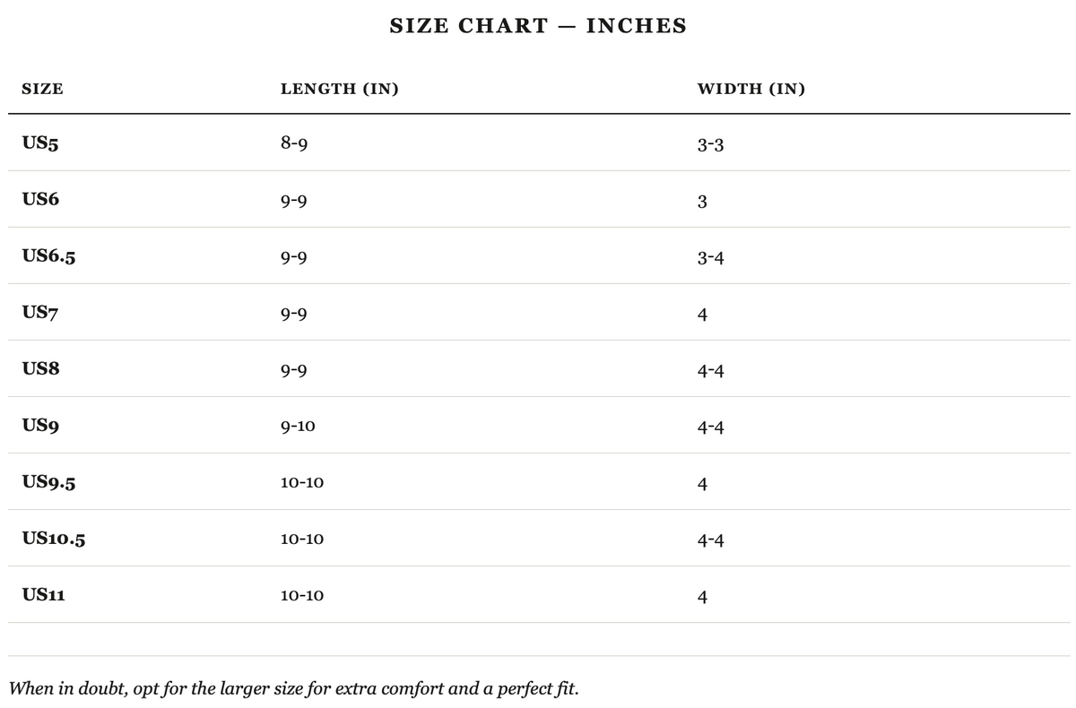 Size guide in inches