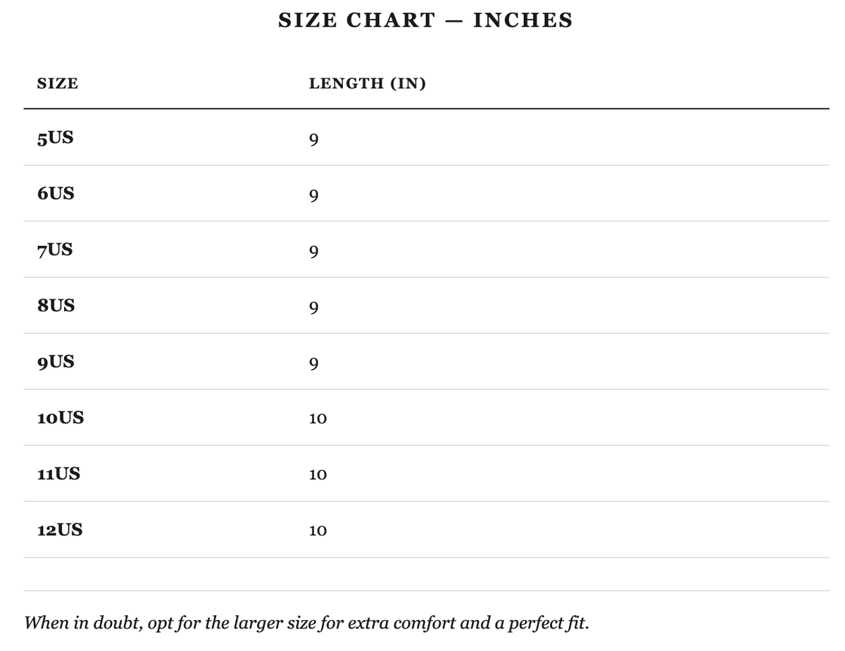 Size guide in inches