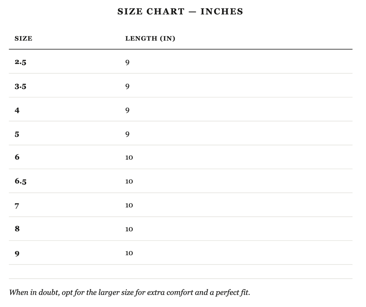 Size guide in inches