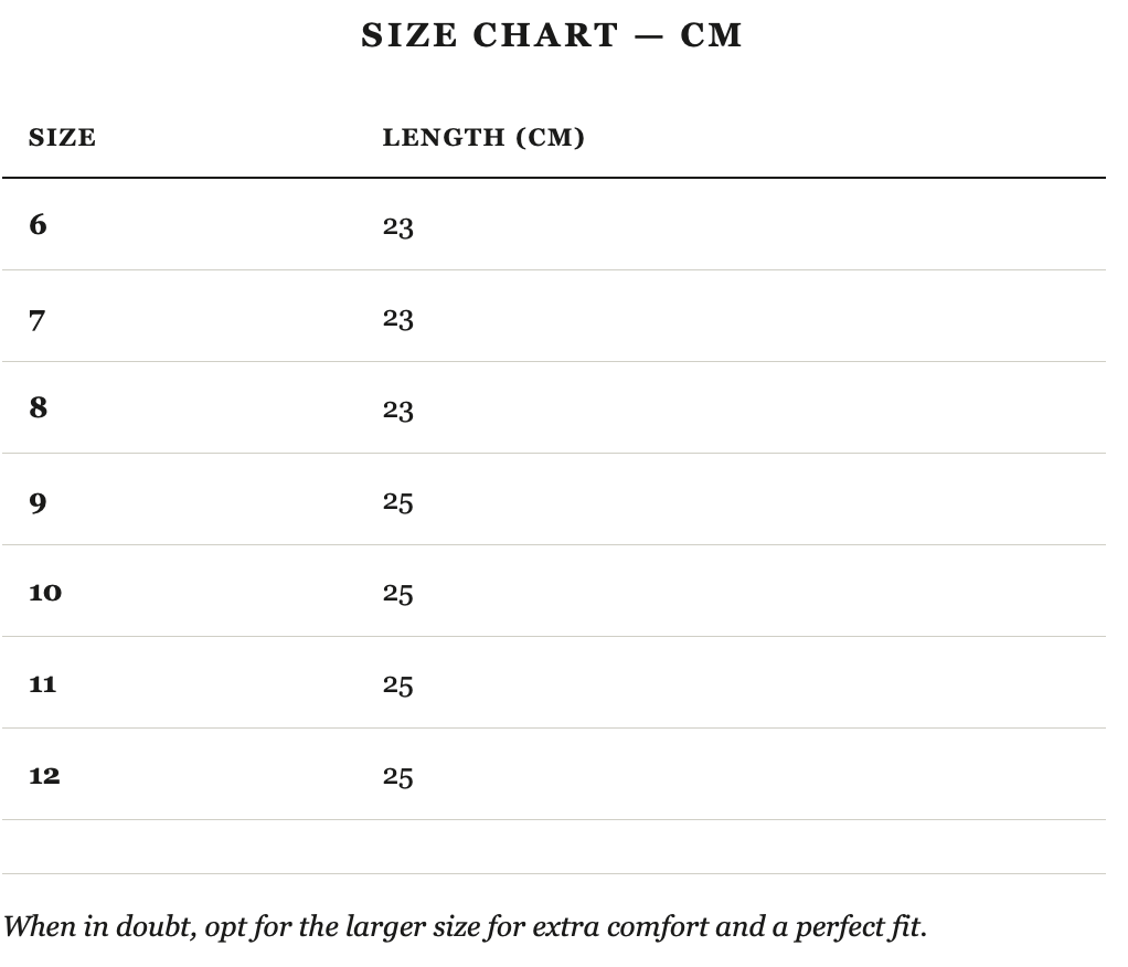 Size guide in cm