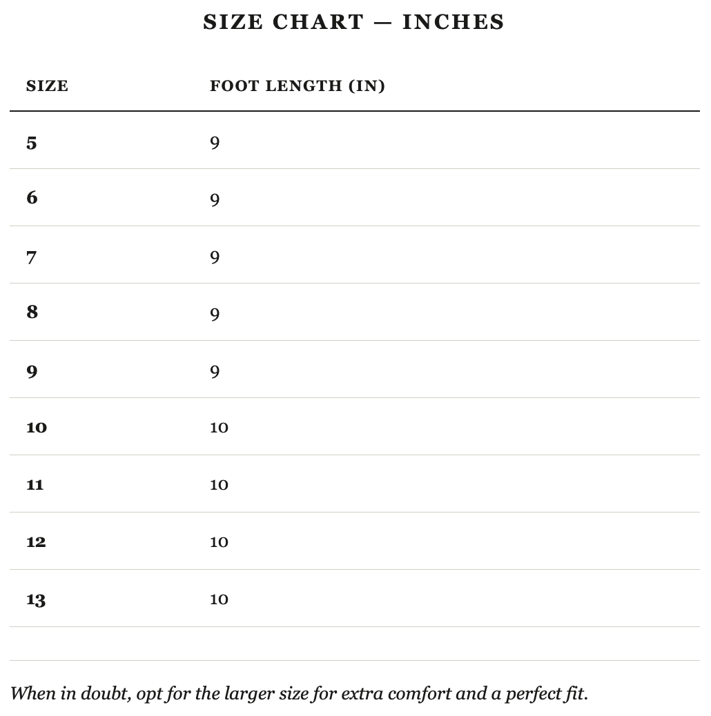 Size guide in inches