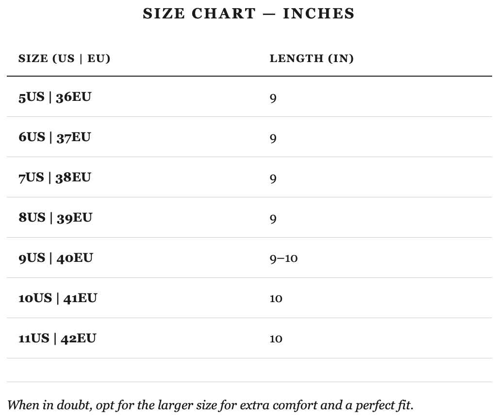 Size guide in inches
