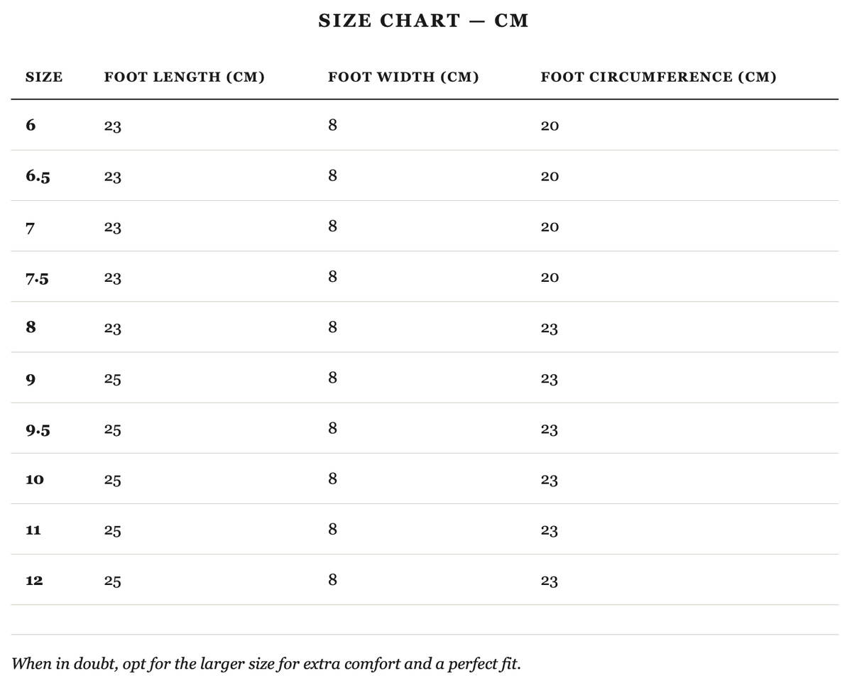Size guide in cm