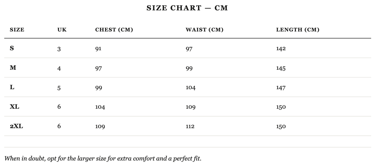 Size guide in cm
