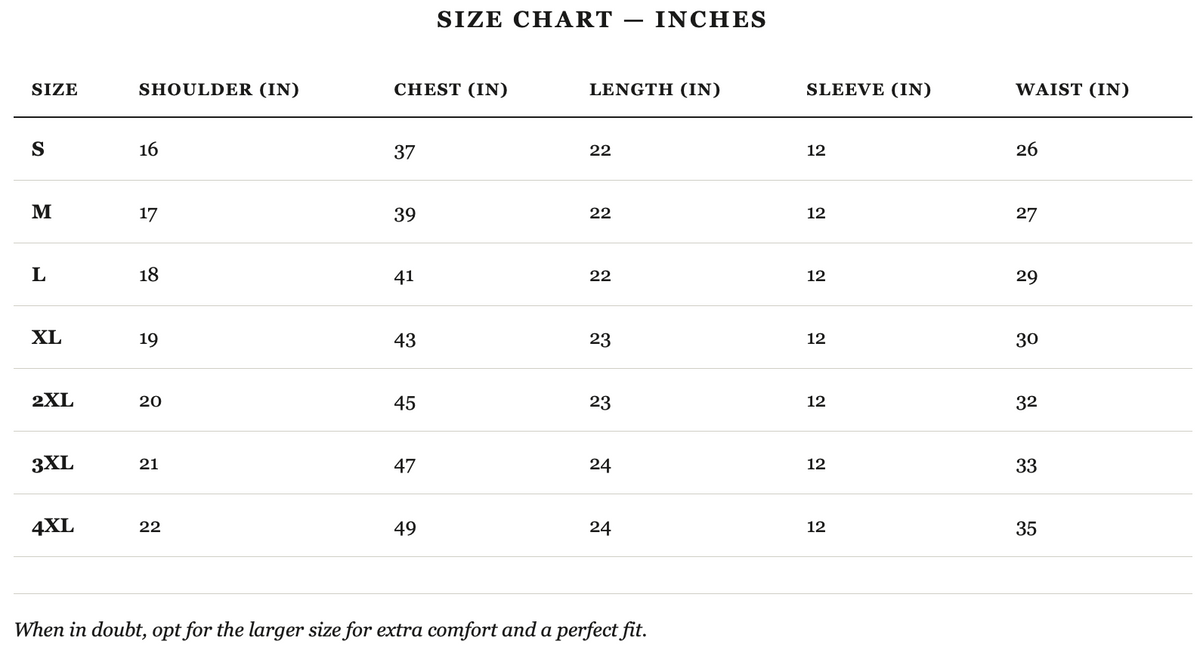 Size guide in inches