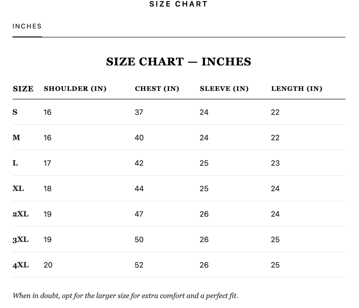 Size guide in inches