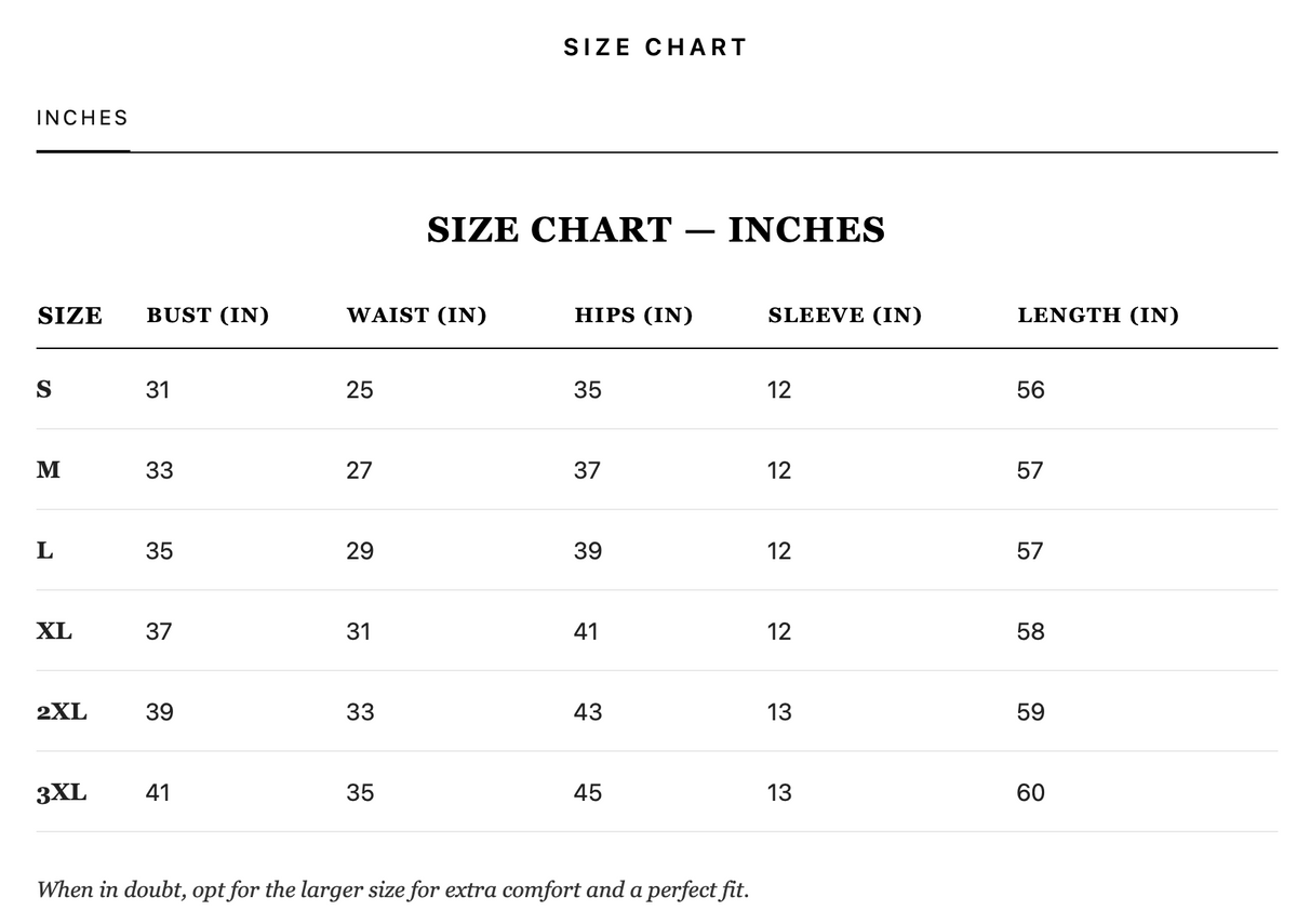 Size guide in inches