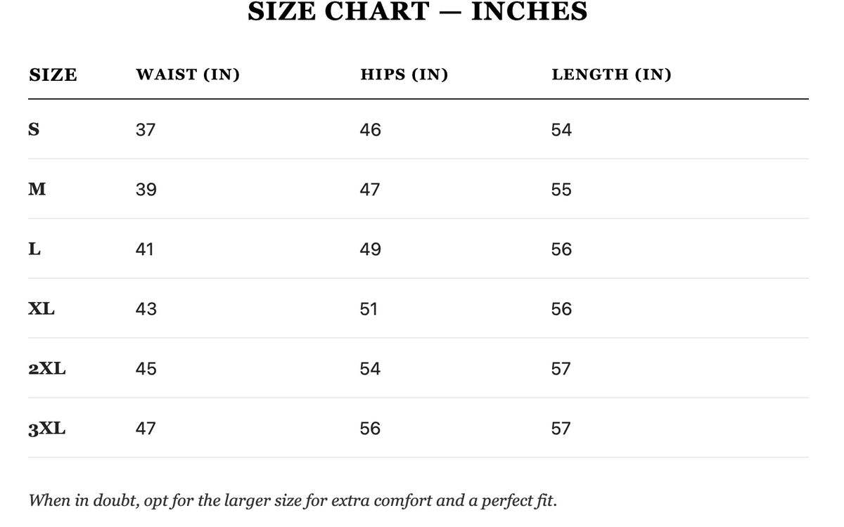 Size guide in inches