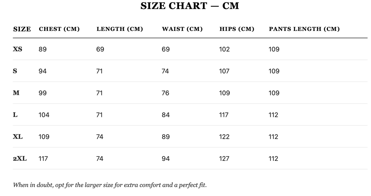 Size guide in cm