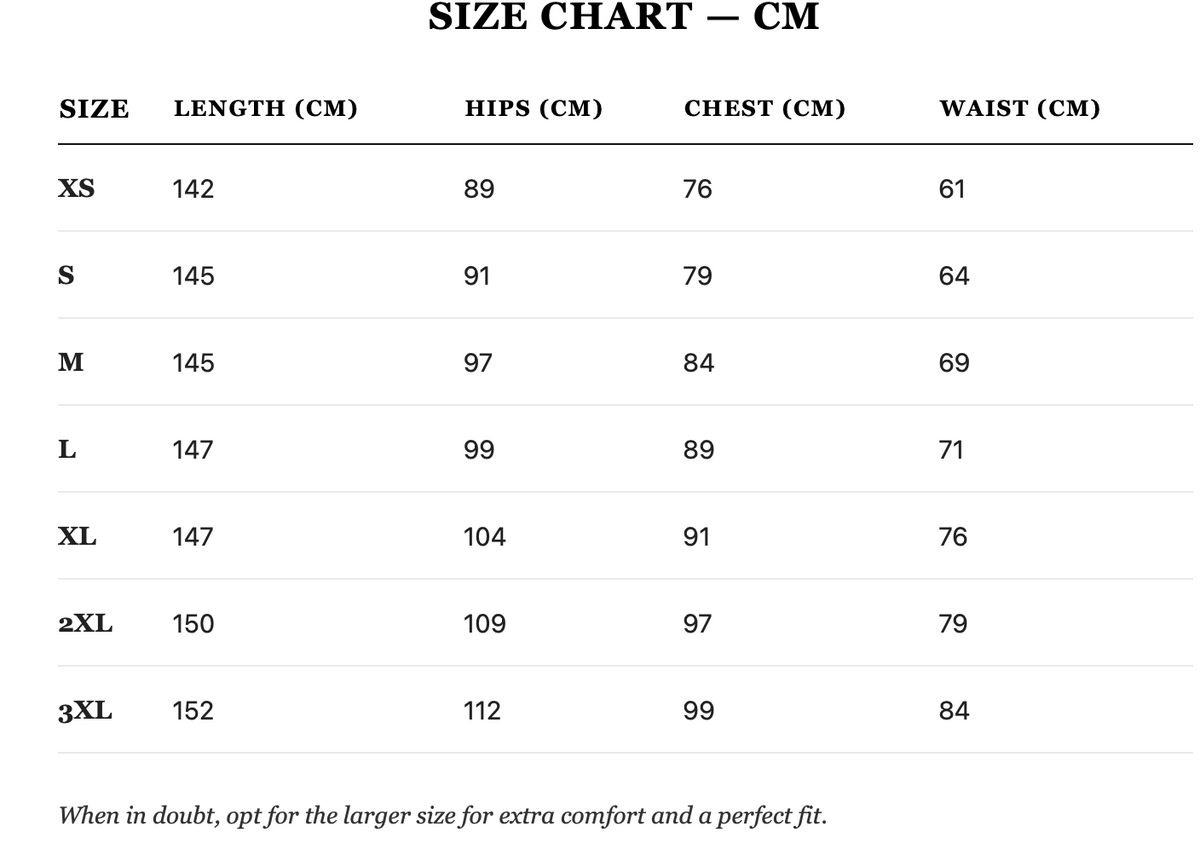 Size guide in cm