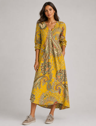 Floral Midi Dress Womens A-Line V-Neck Long Sleeve Lightweight Casual Wear