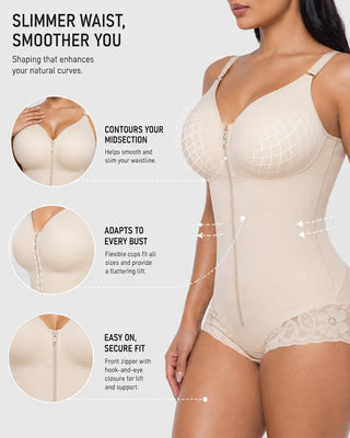 High Compression Shapewear Bodysuit Adjustable Straps Zipper Closure Triangle Lace Design
