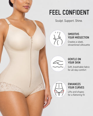 High Compression Shapewear Bodysuit Adjustable Straps Zipper Closure Triangle Lace Design