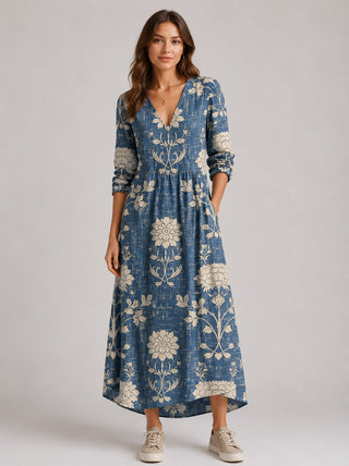 Floral Midi Dress Womens A-Line V-Neck Long Sleeve Lightweight Casual Wear